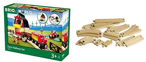 BRIO World 33719 Bahn Bauernhof Set - Holzeisenbahn mit Bauernhof, Tieren und Holzschienen - Kleinkinderspielzeug empfohlen ab 3 Jahren & Bahn 33402 - Mittleres Schienensortiment