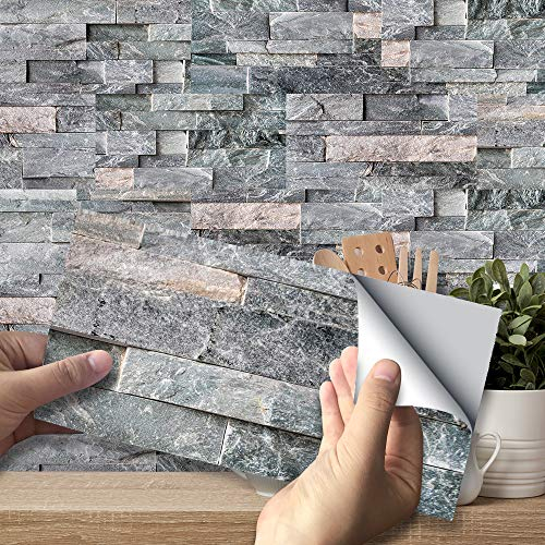 funlife 27Pcs Grey Tile Stickers Vinyl Peel and Stick Self-Adhesive Splashback Kitchen Decor Dark Grey Stone Brick, 20X10cm