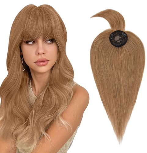 Haarteile Echthaar Clip in Extensions Echthaar Topper Extensions Echthaar mit Pony(11cm lang) Toupet Haarverdickung Glatt Haarverlängerung 7A Real Human Hair 25cm-32g 06# Hellbraun