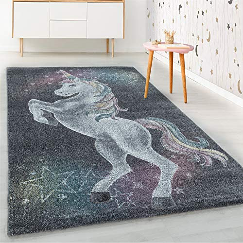 HomebyHome Kinderteppich Einhorn Sterne Design Grau 80x150 cm - Teppich Kinderzimmer Mädchen und Junge Extra Weich Antiallergen - Babyzimmer Teppich für Kinder Spielteppich Babyteppich Läufer