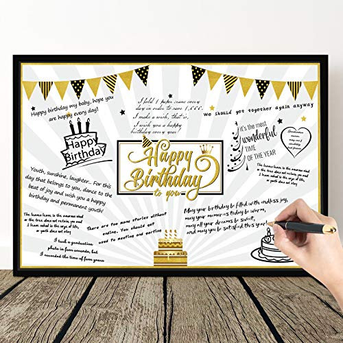 Grande Carte d'Anniversaire Étoiles de Ballons Noirs et Or Géants Carte de Voeux Message Happy Birthday Carte de Décoration de Fête d'Anniversaire Livre d'Or Affiche de Signe Alternatif