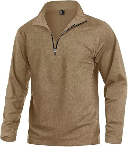 KEFITEVD Wandershirt Herren Langarm Atmungsaktiv Fleece Pullover mit Reißverschluss Kragen Ski Rolli Warm Outdoor Training Shirt Männer Frühling Top Khaki M