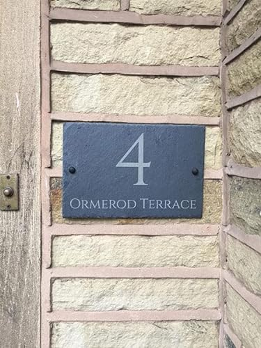 One of a Kind Design UK Natural Personalised Slate House Sign, House Number Plaque, Personalised Address Number Plate, Outdoor Name Plate with Fixings, 30x20cm, UV Stable, Weather Resistant, Slate