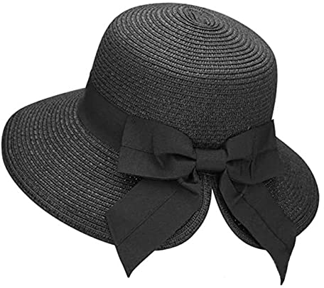 GizellMG Chapeau de Paille Pliable Panama de Plage Femme Capeline Solaire Chapeau Paille Solaire Anti UV Casquette élégant Noeud Satin 54-57cm Noir