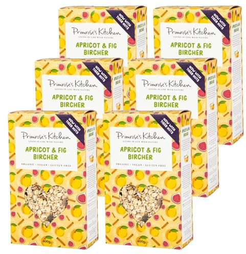 Primrose's Kitchen - Fig & Apricot Bircher Muesli - 400g (Pack of 6) Vegan & Gluten Free Recipe. Fruity Fusion Sliced Figs, Iron-rich Apricots, Fibre-rich Chia And Flaxseed 25% Fruit Content.