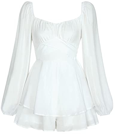 Piratenkostüm Damen Piratenkleid Weißes Piraten Kleid Sexy Elegant Langarm Boho Chiffon Strampler Shorts Minikleid Overall Festlich Hochzeit Partykleid Kurz Jumpsuit Playsuit Herbstkleid Weiß S