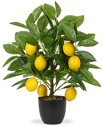Künstliche Pflanze Deko Zitronenbaum, 40cm Plastik Pflanze im Topf Schwarz, Kunstpflanzen wie echt, Zimmerpflanzen Künstlich mit Zitronenzweig und Zitrone Früchte für Home Decor Wohnzimmer Küche Büro
