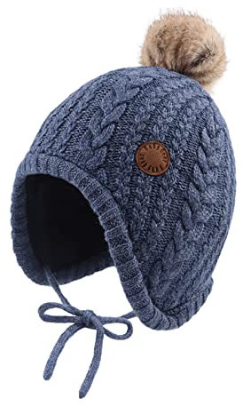 XIAOHAWANG Baby Wintermütze Mädchen Jungen Warm Strickmütze mit Pompom Niedliche BabymüTZE Herbst,Winter(Denimblau, 0-6Monate)