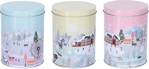 Muddy Hands Set of 3 - Festive Christmas Design Storage Tin with Lid - Biscuits Sweets Tea Cake Cookies Xmas Gift Present Round Containers