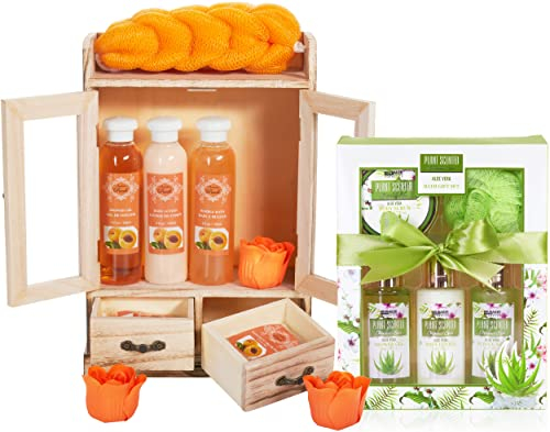 BRUBAKER Cosmetics 2 in 1 Pflegeset Pfirsich & Aloe Vera - Großes 15-teiliges Wellness Set - Damen Dusch- und Badeset - Frauen Beauty Geschenkset mit Deko Holzschrank