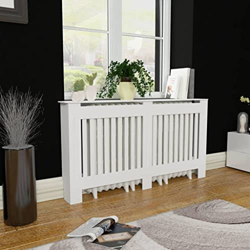 HOMIUSE Heizkörper Verkleidung Abdeckung 152x19x81.5 cm Heizkörperverkleidung Modernes Lamellen-Design Heizung Abdeckung Heizungsverkleidung für Schlafzimmer Wohnzimmer Radiator Cover Weiß MDF