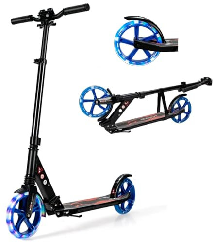 GYMAX Foldable Kick Scooter, Height Adjustable City Scooter with Light Up Wheels, Shock-Absorbing System, Non-Slip Deck & Rear Brake, Lightweight Scooters for Kids Adults and Teens (Black)