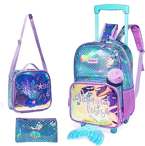 HTgroce Meerjungfrau Schulranzen mit Rollen 1 klasse, Kinder Rucksack mit Rädern 3 in 1 Schulranzen Trolley Set Schultasche mit Mittagessen