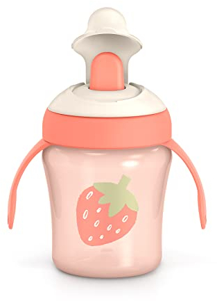 Suavinex, Taza de aprendizaje con boquilla rígida. Taza de bebé antifugas con tapa abatible y asas. Apto para lavavajillas. Trainer Cup, 200 ml, Fresa, Color Coral
