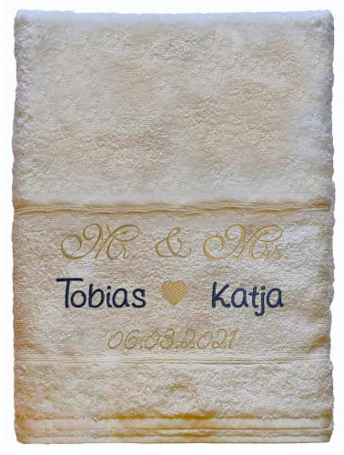 Bentini Duschtuch Mr. & Mrs. | Gr. 70 x 140 | Personalisiert Bestickt Namen & Datum des Paares | Hochzeit | Verlobung (Natur)