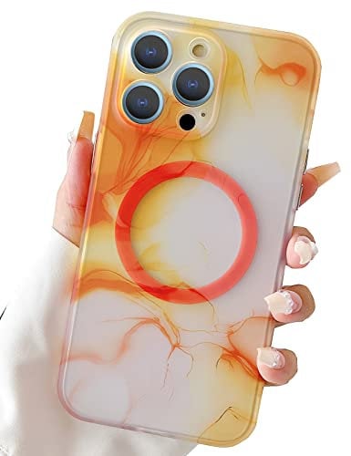 SmoBea Compatible iPhone 14 Pro Max Case with MagSafe 6.7 Inch, Soft-Touch TPU Watercolor Painting Phone case for Women, Translucent Matte Phone Case for iPhone 14 Pro Max (Orange)