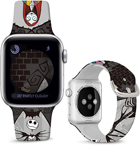 Leotop Bracelet de rechange en silicone compatible avec Apple Watch Halloween 49mm,45mm,44mm,42mm,design de bande dessinée pour iWatch Ultra SE/SE2 série 8 7 6 5 4 3 2 1(49/45/44/42mm,Noir-Sally/Jack)