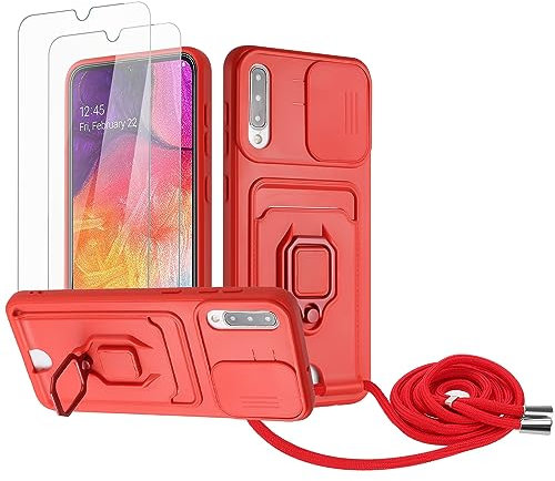 Zallagre Cordon de Coque Compatible avec Samsung Galaxy A30S/A50/A50S,[2 Pièces] Verre Trempé,Lentille Coulissante Couverture,360 Degrés Bague Rotatif Support,Fentes pour Cartes-Rouge