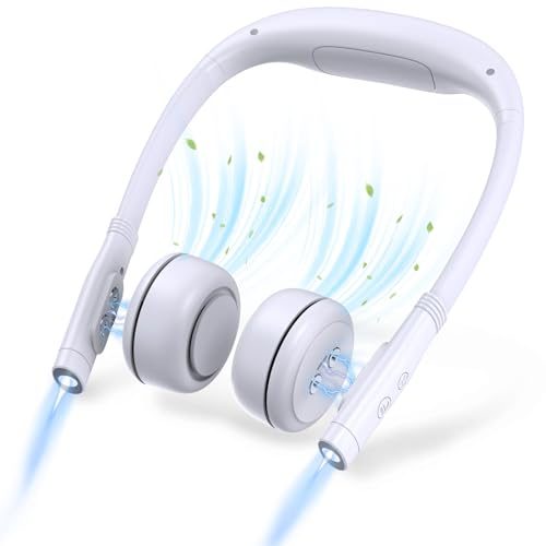 Ventilateur de Cou Portable avec Lampe de Lecture de Cou, sans lame Rechargeable Ventilateur USB avec 5000mah Batterie Externe, 3 Vitesses Mini Ventilateur Silencieux pour Domicile, Voyage (white)
