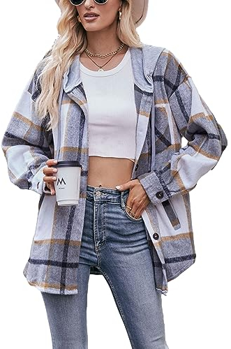 Mingzhu Damen Flanell Plaid Hoodie Jacke Shacket Oversized Button Down Mantel, GRAU, L