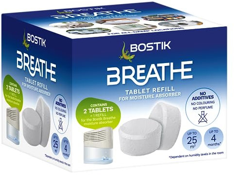 Bostik Breathe Dehumidifier Refill Tablets, Dye-Free and Fragrance-Free, Cover Areas Up to 25m2, for Use Around The Home and in Caravans and Motorhomes, Last up to 4 Months (Pack of 2)