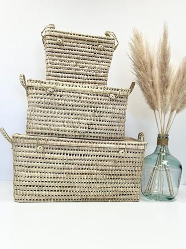 SOLINA HOME Trio de malles de rangement en osier, trio de coffres à jouets en feuille de palmier 80 cm + 60 cm + 40cm, coffres de rangement