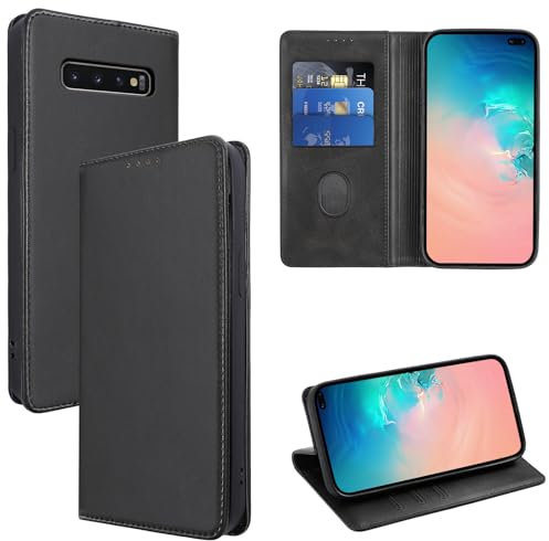 Vauki Hülle Leder für Samsung Galaxy S10 Plus Handyhülle, Standfunktion Kartenfach Wallet Schutzhülle Flip Case Cover Stoßfeste Klapphülle für Samsung Galaxy S10 Plus 6.4,Schwarz