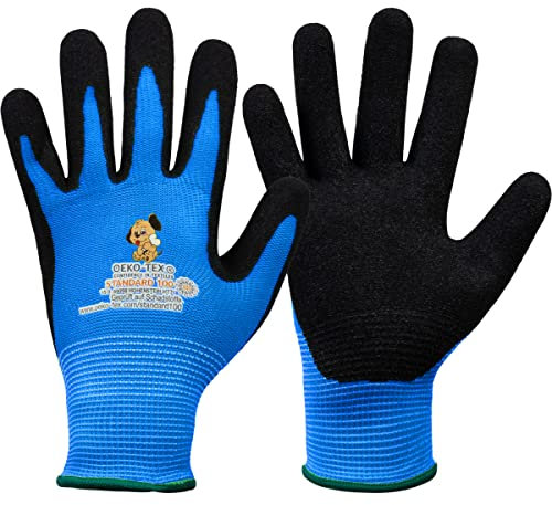 Safetytex Arbeitshandschuhe für Kinder mit Nitrilbeschichtung Kinderhandschuhe Gartenarbeit Kids (Blau, Gr.4 (ca. 6-8 Jahre))