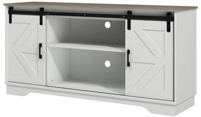 Panana Wooden Sideboard Kitchen Cabinet Storage Cupboard with 2 Sliding Barn Doors TV Stand Farmhouse Style for Living Room (White+Natural Top)