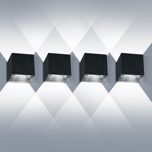 4 Stücke Wandleuchten LED Auf und ab Einstellbarer Lichtstrahl 6000K Kaltweiß LED Außenwandleuchten schwarz IP65 Wasserdichte