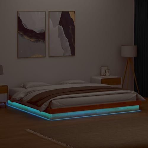 vidaXL Massivholzbett, Holzbett Bett mit LED, Bettgestell Bettrahmen mit Lattenrost, Doppelbett Schlafzimmerbett, Wachsbraun 200x200cm Kiefer