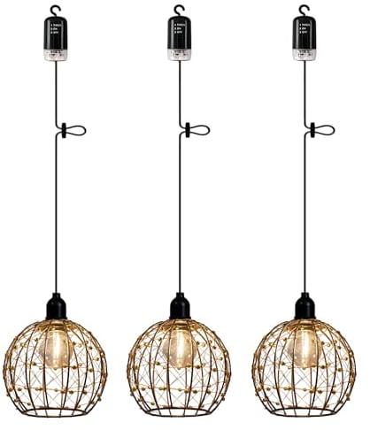 EcoGehen 3x Hängelampe ohne Strom Stromanschluss mit Batterie Batteriebetrieben Pendelleuchte Rattan Lampe Metall Korb Lampenschirm Hängeleuchte Deckenlampe Deckenleuchte Schlafzimmer Garten Lampen