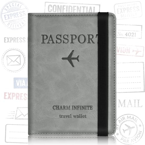 FlyWave Porta Passaporto per Donne e Uomini con Blocco RFID, per Documenti di Viaggio, Carta d'Identità e Carta di Credito | Grigio
