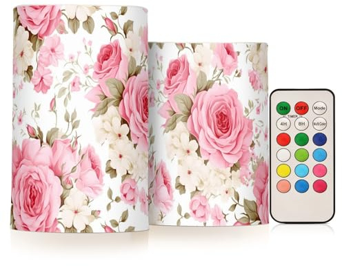 CHIFIGNO Rosa Rosen Flammenlose Kerzen, LED Stumpenkerzen Batteriebetriebene Fernbedienung Kerzen mit Timer Halloween Dekorationen Indoor Outdoor 2 Stück