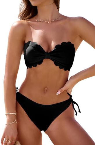 Rajputana Damen Bandeau-Bikini mit gewelltem Rand, trägerlos, Schnürung hinten, seitliche String, Badeanzug, zweiteiliger Badeanzug
