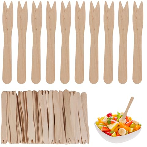 Wooden Forks Disposable Cutlery 100pcs, Party Fruit Fork Natural Birch Wood Eco-Friendly Utensil Mini Food Picks Sustainable for Cocktail Food Banquet Christmas Parties BBQ Picnic Birthdays Catering
