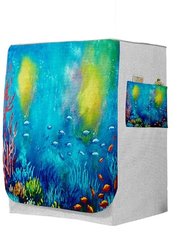 Highdi 3D Funda de Lavadora Cubierta, Secadoras de Carga Frontal Protector Exterior Cubierta a Prueba de Polvo (Capacidad S 6~7,5kg,Peces de Aguas Profundas 7)
