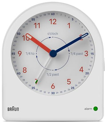 Braun Réveil d'apprentissage analogique Classique de avec Snooze, rétroéclairage continu et Mouvement à Quartz Silencieux, Cadran Facile à Lire, Alarme sonore Crescendo, Blanc, modèle BC22TW.