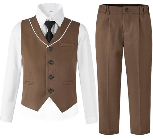 LOLANTA Boys Waistcoat Suit Set, 4-Piece Kids Wedding Outfit with Shirt Tie | Solid Color, Single-Breasted, Striped Collar, Formal Suit for Christening Parties, 2-14 Years