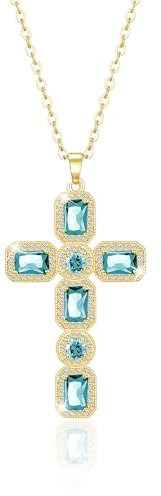 Linawe Kreuzkette Kreuz Kette Gold Halskette Damen, Aquamarin Blau Kettenanhänger Goldkette, Diamant Geburtsstein Kristall Kette mit Kreuz Anhänger, Vergoldete Damenkette Schmuck