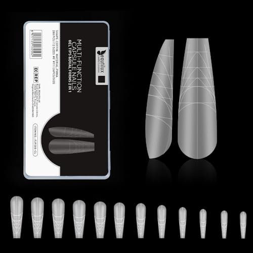 Beautilux Capsule Americaine Ongle, Coffin Long 2 IN 1 Matte Capsules Ongles avec Ligne Auxiliaire 288 Pièces 11 Tailles, Longue Coffin Capsules Ongles Pour Manucures à Domicile