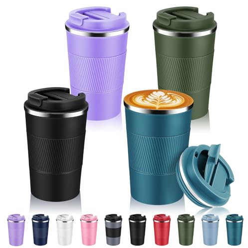 Volhoply 380ml 13oz Stainless Steel Insulated Travel Coffee Mug with Fip Lid Bulk 4 Pack,Reusable Double Wall Vacuum Metal Coffee Cup,Portable Leak Proof Tumbler for Hot & Cold Drinks(Assorted,4)