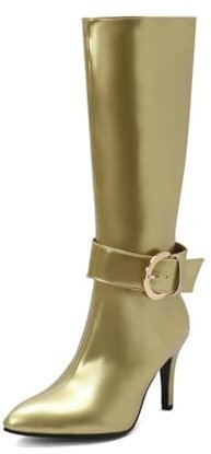 HQINGAXU Donna Stivali Alti Tacco Stiletto Invernali Alti Punta Appuntita Lunghi Cerniera Laterale Alti Fibbia Metallo Pelle Lucida Tacco Alto Stivali Caldi Lavoro Polpacci Larghi,d'oro,46.5 EU