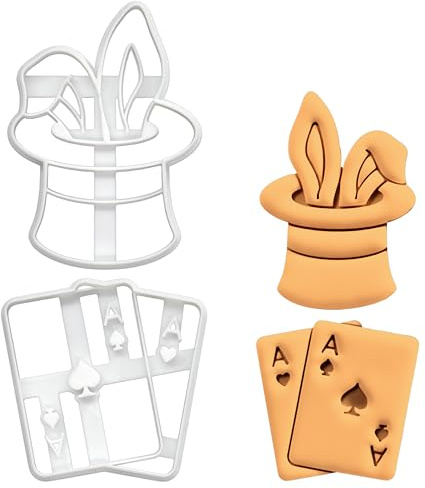 BAKERLOGY Set of 2 Magician themed Cookie Cutters (Designs: Double Ace and Rabbit in a Hat) - Bake Birthday Cookies, Detailed Biscuit Cutter Design for Baking and Crafts, ideal on fondant, dough, clay