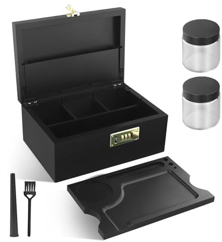 QCXWCJWD Rolling Box Large Storage box with Combination Lock, Bamboo Decorative Box with Rolling Tray and Glass Jars Brush, Storage Accessory Tools Set for Storing Items Home Great Gifts, black
