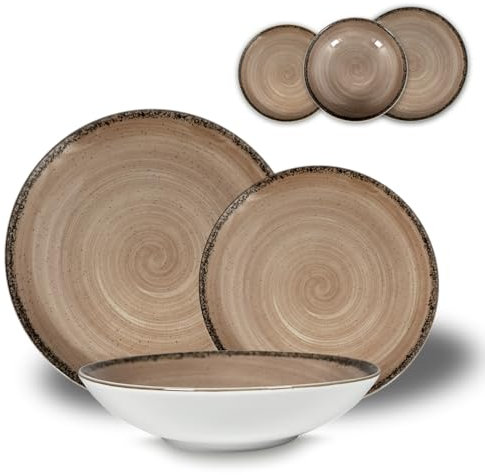 ARCA, Set 18 Piatti Coordinati Pepper in Porcellana Decorata, Servizio per 6 Persone, con Piatti Fondi, Piani e da Dessert, Moderni e Colorati, Lavabili in Lavastoviglie, Color Tortora