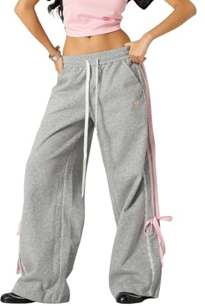 Aelfric Eden Lace Stripe Patchwork Sweatpants Casual Baggy Pant for Women Wide Leg Elastic Drawstring Trousers Grey X-Small