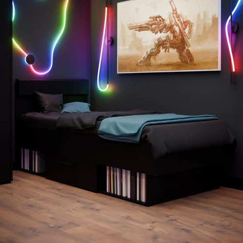 Forte Pittsfield Jugendbett 90x200 mit Schublade – Schwarz – Stauraum-Bett für Gaming- oder Jugendzimmer, Kinderzimmer, Gaming Raum Deko, 95,2 cm breit, 96,4 cm hoch, 209,5 cm tief