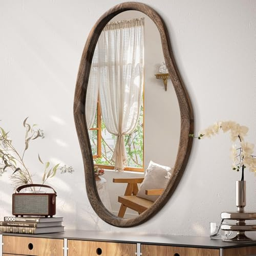 JJUUYOU Asymmetrischer Spiegel, unregelmäßiger Badezimmer-Wandspiegel, 75 x 45 cm, großer Holzrahmen, moderner dekorativer Hängespiegel für Make-up, Badezimmer, Wohnzimmer, Braun