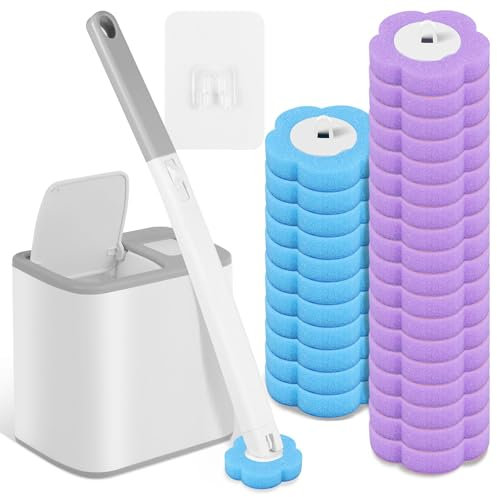 Toilet Wand Kit with 30 Refill Pads Wall-Mounted Toilet Brush with Replacement Heads and Holders 360 Degree Toilets Cleaning System Toilets Bowl Brush for Bathtub Sink Wash Basin